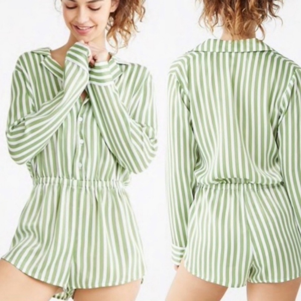 Forever 21 Silky Striped Pajama Romper Size Small Green & White